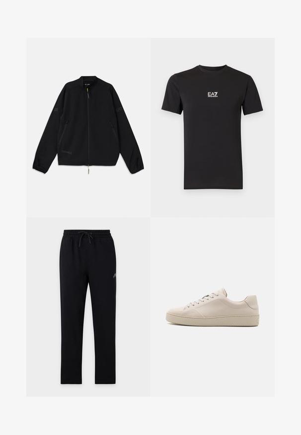 Sort sammenfoldelig jakke lavet af letvægtsmateriale, med lynlås foran, sidelommer og logo-detaljer i grå og grøn.; Sort T-shirt med korte ærmer lavet af blødt stof, med en lille hvid EA7 Emporio Armani-logo på brystet. Klassisk rund halsudskæring.; Sorte joggingbukser med elastisk talje og snøre, lige ben og en lille hvid logo på det øverste venstre lår.; Beige lædersneakers med en glat finish, rund tå, flad sål og klassisk snøredesign. Subtile syninger og struktureret ydersål.