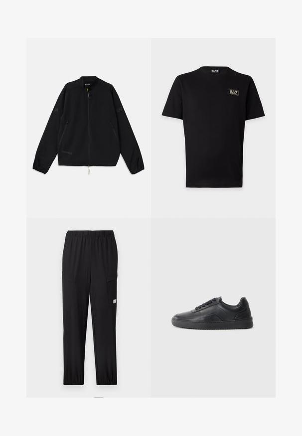 Sort sammenfoldelig jakke lavet af letvægtsmateriale, med lynlås foran, sidelommer og logo-detaljer i grå og grøn.; Sort t-shirt med korte ærmer med lille EA7 Emporio Armani logo-mærke på venstre bryst og matchende nakkemærkat.; Sorte cargobukser med elastisk talje, to sidelommer og opsmøgede manchetter. Fremstillet af let, åndbart stof.; Sorte lædersneakers med en glat finish, rund tå, struktureret sidelæder og sorte snørebånd. Har en flad gummisål og et minimalistisk design.