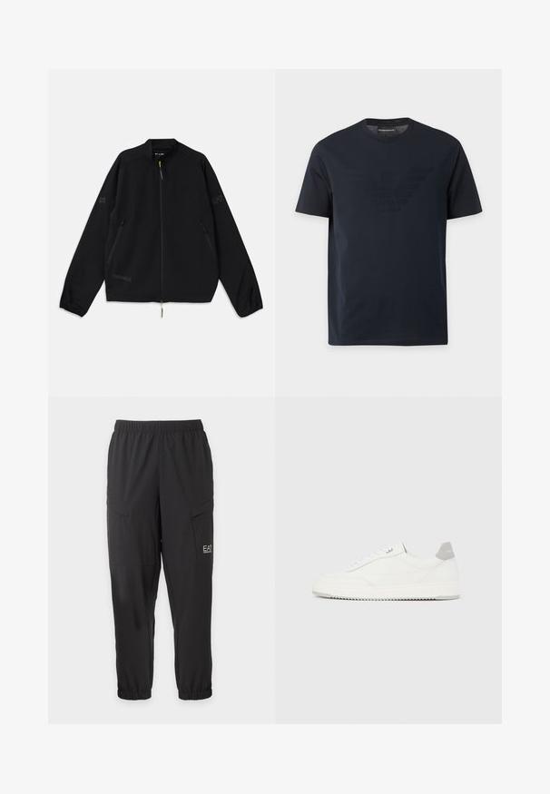 Schwarze, packbare Jacke aus leichtem Material, mit durchgehendem Reißverschluss, Seitentaschen und Logo-Akzenten in Grau und Grün.; Schwarzes T-Shirt mit kurzen Ärmeln und Rundhalsausschnitt, mit einem dezenten, erhabenen Adler-Logo auf der Brust und einem Markenetikett innen im Kragen.; Schwarze Freizeithose mit elastischem Bund und Bündchen, seitlichen Klappentaschen und kleinem weißem EA7 Emporio Armani Logo am rechten Oberschenkel.; Weißer Sneaker mit niedrigem Schaft, grauem Fersenlaschen, weißen Schnürsenkeln und einer strukturierten Sohle, dargestellt vor einem schlichten hellen Hintergrund.