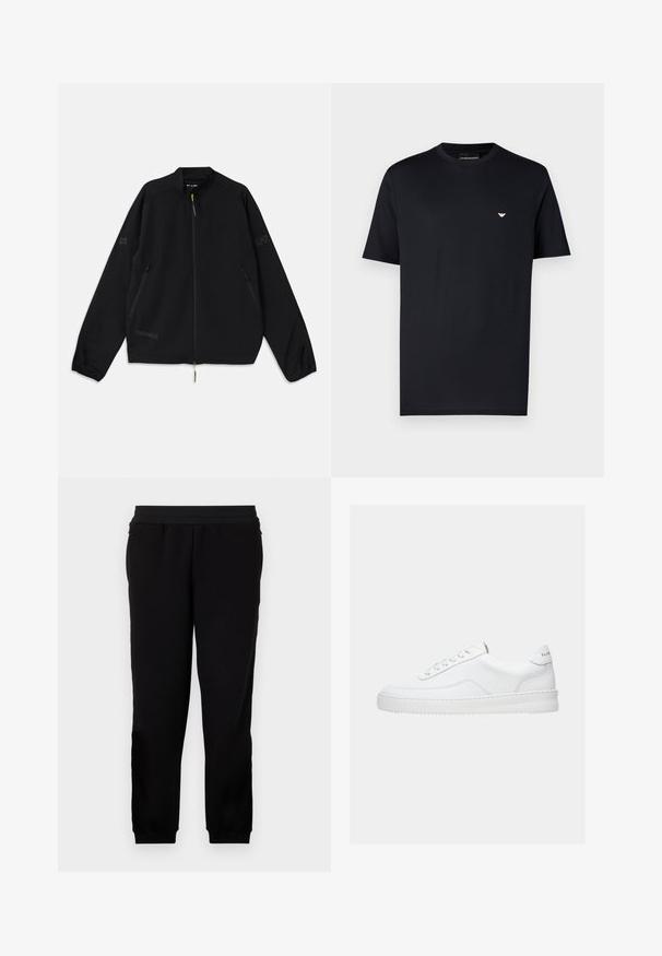 Schwarze, packbare Jacke aus leichtem Material, mit durchgehendem Reißverschluss, Seitentaschen und Logo-Akzenten in Grau und Grün.; Schwarzes Baumwoll-T-Shirt mit Rundhalsausschnitt, kurzen Ärmeln und kleinem goldenem Logo auf der Brust. Glatte Textur, Standardpassform.; Schwarze Sweatpants aus einem weichen Material, mit elastischem Bund, eng anliegenden Bündchen und Seitentaschen für zusätzlichen Komfort.; Weißer Sneaker mit niedrigem Schaft, Schnürdesign, glattem Lederobermaterial und dicker Sohle, von der Seite auf einfachem Hintergrund gezeigt.