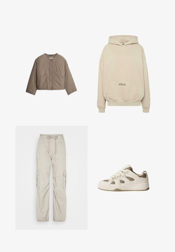 Veste matelassée légère couleur taupe avec boutons-pression, encolure ronde, deux poches avant et manches longues.; Sweat à capuche beige avec une poche avant, des poignets côtelés et une capuche à cordon. Texte "PECADOR PGDR" imprimé sur la zone de la poche.; Abercrombie & Fitch TIE WAIST BAGGY PANT - Pantalon cargo - porpoise; Baskets blanches et beiges avec des panneaux en maille, bout rond, semelle épaisse et design à lacets. Comprend des accents texturés et une semelle à motifs.