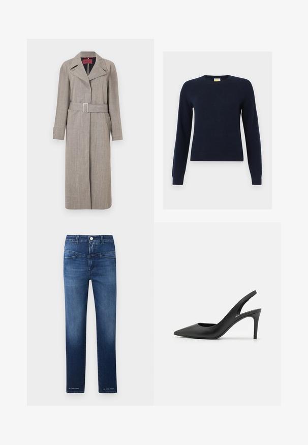 Longue trench-coat beige en tissu texturé. Comprend un col à revers, une taille ceinturée et des poches latérales. Lignes épurées et design minimaliste.; Pull à col rond bleu marine à manches longues avec poignets et ourlet côtelés, présenté à plat sur un fond blanc.; CLOSED PEDAL PUSHER - Jean droit - dark blue; Escarpins à talon aiguille en cuir noir, avec un design à bout pointu, présentant une découpure à l'avant et un talon fin.