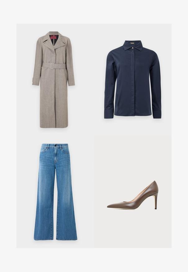 Longue trench-coat beige en tissu texturé. Comprend un col à revers, une taille ceinturée et des poches latérales. Lignes épurées et design minimaliste.; Chemise boutonnée à manches longues bleu marine, en tissu léger et lisse. Équipée d'un col classique et d'une patte de boutonnage discrète.; Jeans en denim bleu taille haute avec une coupe large, fermeture à bouton à l'avant, fermeture éclair et poches avant et arrière.; Chaussure à talon haut en cuir marron à bout pointu avec un talon aiguille fin et une finition lisse sur un fond clair.