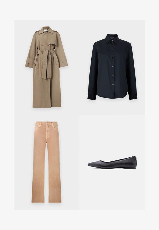Long manteau trench beige avec boutons croisés, ceinture à la taille, larges poignets et épaulettes sur un fond uni.; Chemise noire à manches longues avec boutons, col pointu et ourlet légèrement arrondi, présentée sur un fond gris clair uni.; Jean taille haute à jambes droites de couleur marron clair avec bouton frontal, fermeture éclair, passants de ceinture et design à cinq poches.; Chaussure plate en cuir noire à bout pointu avec petit talon, vue de profil sur fond blanc.