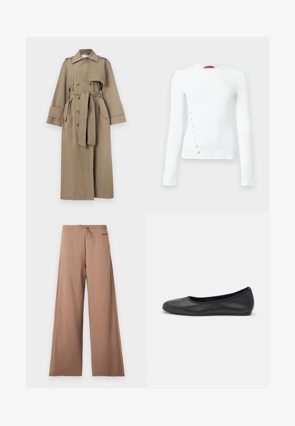 Long manteau trench beige avec boutons croisés, ceinture à la taille, larges poignets et épaulettes sur un fond uni.; Chemise blanche à manches longues avec une texture côtelée, dotée d'œillets argentés le long du côté gauche et d'un col arrondi.; Pantalon marron à jambes larges avec taille élastique, cordon de serrage et petite écusson logo sur le côté droit près de la taille.; Ballerines en cuir noir avec un bout rond, texture lisse, détails de couture minimalistes et design de semelle flexible.
