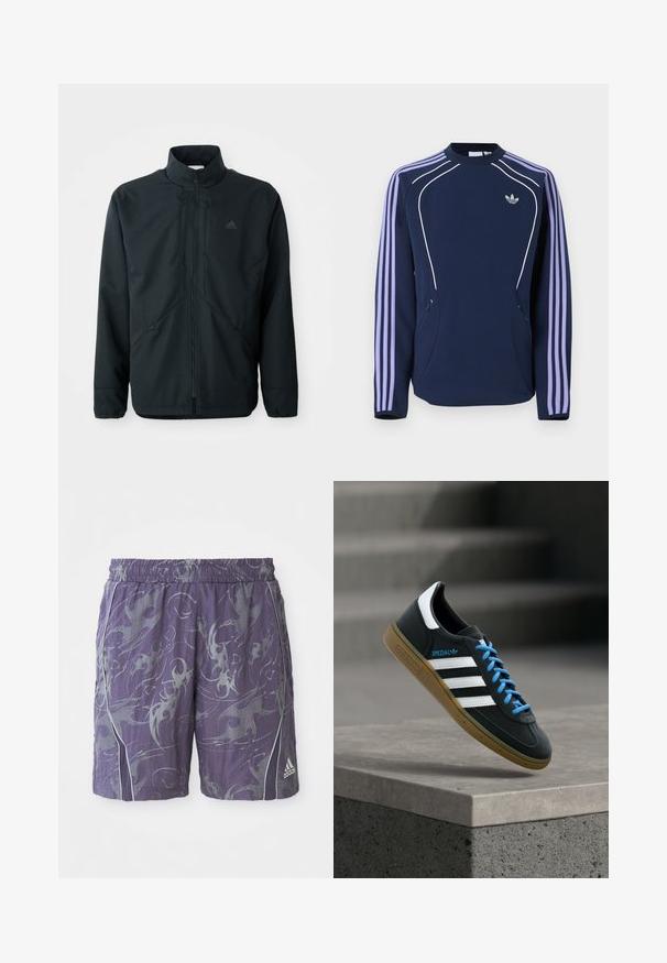 Schwarze, leichte Jacke mit hohem Kragen, Reißverschluss und feinem Strukturmuster. Verfügt über verstellbare Kordelzüge und Seitentaschen.; Dunkelblaue Adidas Langarm-Sweatshirt mit lavendelfarbenen drei Streifen an den Ärmeln, weißem Paspel auf der Vorderseite und Adidas-Trefoil-Logo auf der Brust.; Lila Sportshorts mit abstrakten silbernen Mustern, elastischem Bund, seitlichen Paspeln und Adidas-Logo am unteren rechten Bein.; Schwarzer Adidas-Sneaker mit weißen Streifen, blauen Schnürsenkeln und Gummisohle, der über einer grauen Betontreppe im weichen Licht schwebt.
