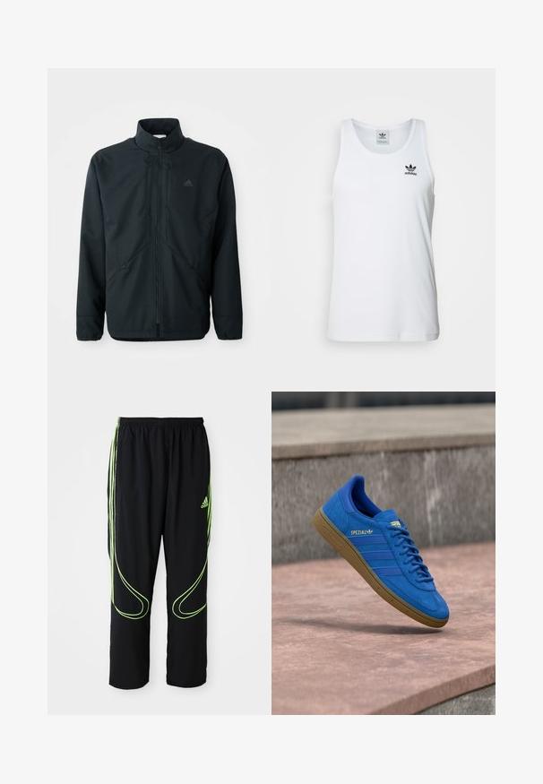 Zwarte, lichte jas met een hoge hals, ritsluiting en subtiele textuurpatroon. Voorzien van verstelbare trekkoorden en zijzakken.; Witte geribde tanktop met ronde hals, zwarte Adidas-logo op de linkerborst en zonder mouwen. Zachte katoenen stof, casual pasvorm.; Zwarte Adidas sportbroek met neon groene gebogen lijnen en drie strepen aan de zijkanten, elastische tailleband en het Adidas-logo op de voorkant van de bovenbenen.; Blauwe Adidas Spezial sneaker met rubberen zool, veters geknoopt, hangend boven een glad stenen oppervlak nabij een grijze betonnen muur.