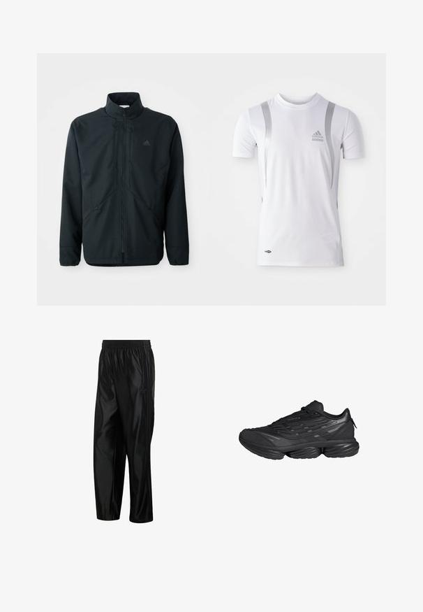 Schwarze, leichte Jacke mit hohem Kragen, Reißverschluss und feinem Strukturmuster. Verfügt über verstellbare Kordelzüge und Seitentaschen.; Weißes athletic Shirt mit kurzen Ärmeln und silbernen Akzenten, runder Ausschnitt und einem Adidas-Logo auf der Brust. Hergestellt aus feuchtigkeitsableitendem Stoff.; Schwarze glänzende Sporthose mit elastischem Bund, seitlichen Reißverschlusstaschen und tonalen Streifen an den Seiten.; Schwarzer Sportschuh mit dicker segmentierter Sohle, strukturiertem Obermaterial und Schnürverschluss, seitlich vor weißem Hintergrund gezeigt.