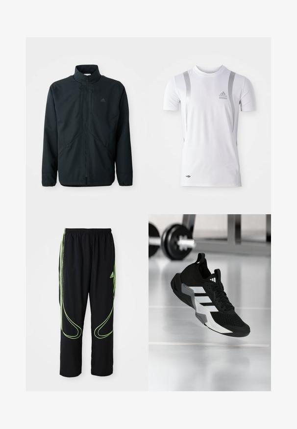 Schwarze, leichte Jacke mit hohem Kragen, Reißverschluss und feinem Strukturmuster. Verfügt über verstellbare Kordelzüge und Seitentaschen.; Weißes athletic Shirt mit kurzen Ärmeln und silbernen Akzenten, runder Ausschnitt und einem Adidas-Logo auf der Brust. Hergestellt aus feuchtigkeitsableitendem Stoff.; Schwarze Adidas Sportpants mit neongrünen, gebogenen Linien und drei Streifen an den Seiten, elastischem Bund und Adidas-Logo am Vorderoberschenkel.; Schwarzer Sportschuh mit Mesh-Obermaterial, weißen Streifen und grauen Akzenten. Verfügt über einen gepolsterten Kragen und eine Gummisohle. Geeignet für die Nutzung im Fitnessstudio.