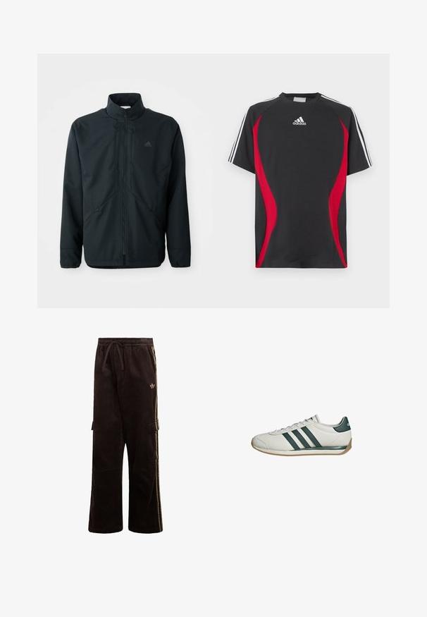 Zwarte, lichte jas met een hoge hals, ritsluiting en subtiele textuurpatroon. Voorzien van verstelbare trekkoorden en zijzakken.; Zwart T-shirt met korte mouwen, rode accenten aan de zijkanten, wit Adidas-logo op de borst en witte strepen op de schouders. Gemaakt van een gladde stof.; Donkerbruine corduroy broek met beige zijstrepen, een elastische tailleband met trekkoord, cargozakken en een klein Adidas-logo op het bovenbeen.; Witte sneaker met donkergroene Adidas-strepen en hielstuk, gumzool en witte veters, zijaanzicht op een witte achtergrond.