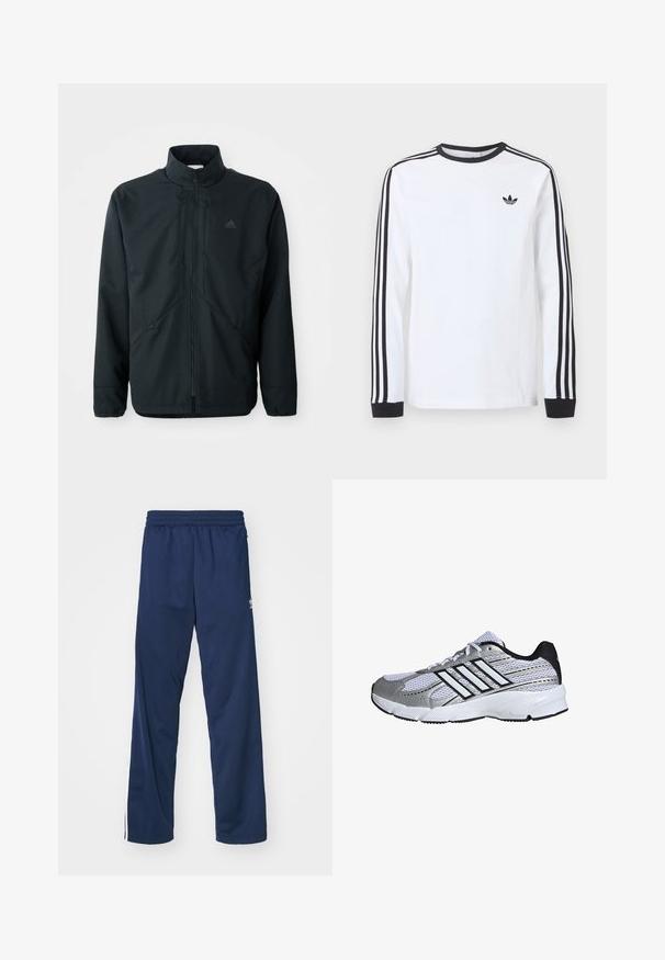 Čierna, ľahká bunda s vysokým golierom, zipsom a jemným textúrovaným vzorom. Obsahuje nastaviteľné šnúrky a bočné vrecká.; Biele tričko Adidas s dlhým rukávom, čiernym okrúhlym výstrihom, čiernymi manžetami, tromi čiernymi pruhmi na rukávoch a čiernym logom trefoil na hrudi.; Námornícke modré športové nohavice s elastickým pásom, s bielymi postrannými pruhmi a logom na ľavom stehne.; Mriežkovaná športová obuv v bielej a striebornej farbe, s čiernymi detailmi, logom troch bielych pruhov, polstrovaným golierom a textúrovanou gumovou podrážkou.