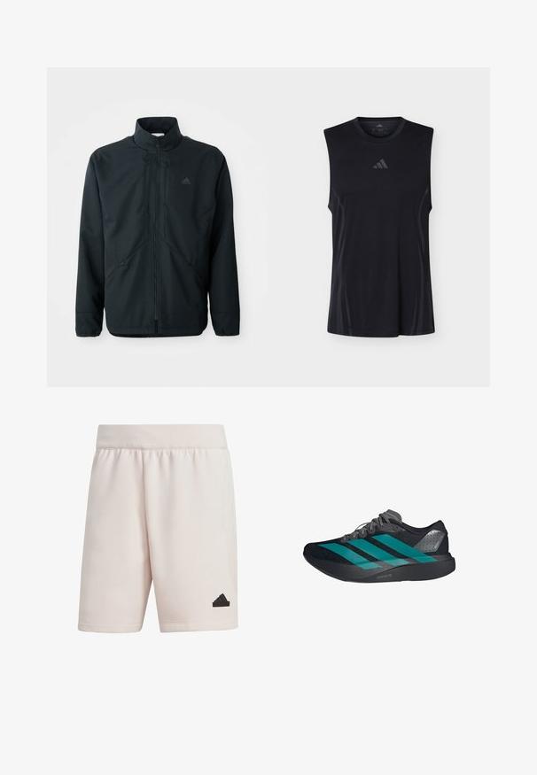 Zwarte, lichte jas met een hoge hals, ritsluiting en subtiele textuurpatroon. Voorzien van verstelbare trekkoorden en zijzakken.; Zwarte mouwloze sportshirt met subtiele mesh zijpanelen en een klein Adidas-logo gecentreerd onder de ronde halslijn.; adidas Sportswear Z.N.E. PREMIUM - Korte broeken - putty mauve; Zwarte sportieve schoen met drie teal strepen, een textuur op de bovenkant, een grijze hielaccent en een lichte zool met het label "Lightstrike Pro."