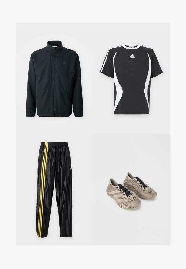Zwarte, lichte jas met een hoge hals, ritsluiting en subtiele textuurpatroon. Voorzien van verstelbare trekkoorden en zijzakken.; Zwart T-shirt met korte mouwen met witte designelementen en het Adidas-logo op de borst. Gemaakt van zacht katoen met een ronde hals.; Zwarte sportbroek van glanzend materiaal met een elastische tailleband, voorzien van twee gele strepen langs de zijkant en een klein logo.; Een paar beige sportschoenen met zwarte veters, met een gestructureerd, gestreept patroon en drie zijstrepen op een effen achtergrond.