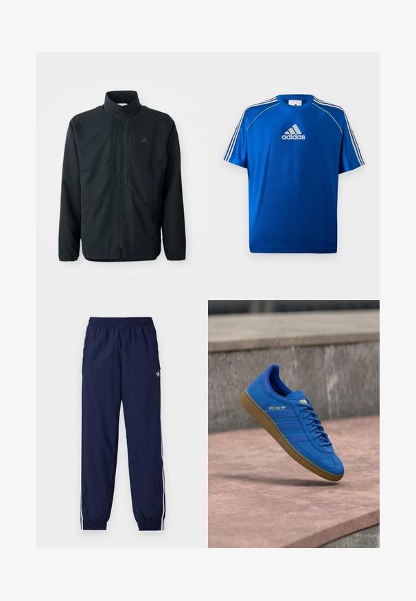 Veste noire légère avec un col montant, fermeture éclair et un motif texturé subtil. Comprend des cordons ajustables et des poches latérales.; T-shirt de sport Adidas bleu avec logo blanc sur la poitrine, bandes blanches sur les épaules et passepoils jaune néon sur les coutures des épaules.; Pantalon de survêtement bleu marine en tissu léger, avec des bandes blanches sur les côtés, une taille élastique et un petit logo.; Baskets Adidas Spezial bleues avec semelle en gomme, lacets noués, suspendues au-dessus d'une surface lase en pierre près d'un mur en béton gris.