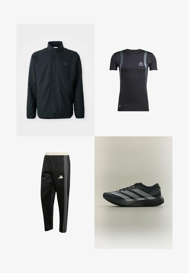 Schwarze, leichte Jacke mit hohem Kragen, Reißverschluss und feinem Strukturmuster. Verfügt über verstellbare Kordelzüge und Seitentaschen.; Schwarzes, kurzärmeliges Sportshirt mit grauen Akzenten, aus dehnbarem Material. Mit Adidas-Logo auf der linken Brust und Techfit-Branding.; Schwarze Sporthose mit weißen dreifachen Streifen an der Seite, Reißverschlusstasche und einem weißen Adidas-Logo am Oberschenkel.; Schwarzer Laufschuh mit drei grauen Streifen an der Seite und einer dicken, gepolsterten Sohle, seitlich auf einfachem Hintergrund dargestellt.