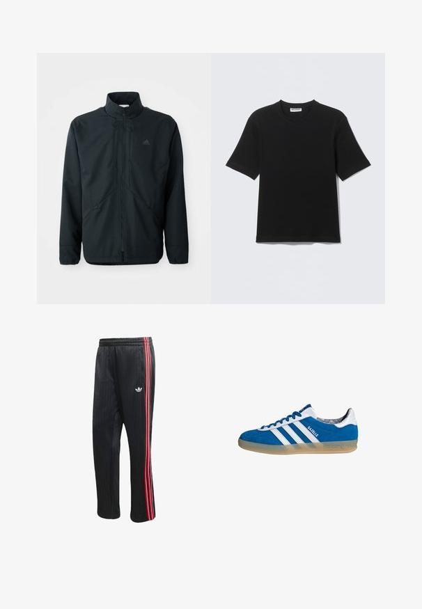 Schwarze, leichte Jacke mit hohem Kragen, Reißverschluss und feinem Strukturmuster. Verfügt über verstellbare Kordelzüge und Seitentaschen.; Schwarzes T-Shirt mit kurzen Ärmeln und Rundhalsausschnitt, mit einem "WEEKDAY"-Etikett innen am Kragen, flach auf einem hellen Hintergrund liegend dargestellt.; Schwarze Jogginghose mit vertikaler Rippstruktur, ausgestattet mit roten und weißen Seitenstreifen sowie einem kleinen weißen Logo am linken Bein.; Blauer und weißer Adidas Gazelle Sneaker mit Gummisohle und drei weißen Streifen, aus der Seitenansicht auf weißem Hintergrund.