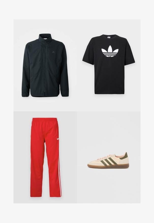 Sort, letvægtsjakke med høj hals, lynlås foran og subtilt struktureret mønster. Har justerbare snore og sidelommer.; Sort bomulds T-shirt med korte ærmer, der har et stort hvidt Adidas-logo og tre vandrette striber i bunden. Klassisk rund halsdesign.; Røde træningsbukser lavet af letvægtsstof med elastisk linning og hvide striber ned langs siderne. Har et lille logo nær hoften.; Beige Adidas Spezial sneaker med lav profil, grønne striber, gummisål og "SPEZIAL"-branding på siden, vist fra ydersiden.
