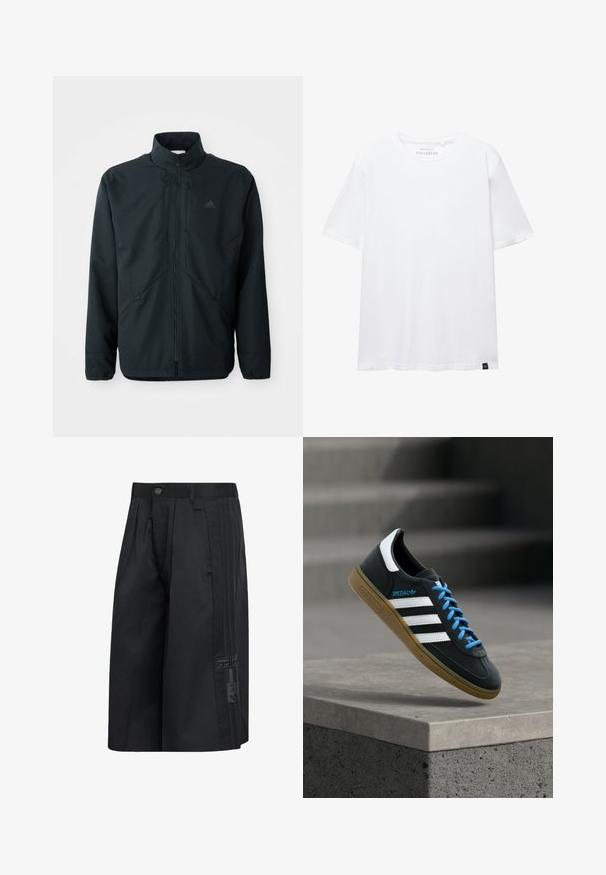 Sort, letvægtsjakke med høj hals, lynlås foran og subtilt struktureret mønster. Har justerbare snore og sidelommer.; Hvid kortærmet T-shirt i almindelig pasform med rund halsudskæring og lille sort stofetiket i bundkanten.; Sorte shorts med vide ben, frontknap, sidelommer, Adidas logo-patch og de karakteristiske tre striber ned ad siden.; Sort Adidas sneaker med hvide striber, blå snørebånd og gummisål, der svæver over gråt betontrin i blødt lys.