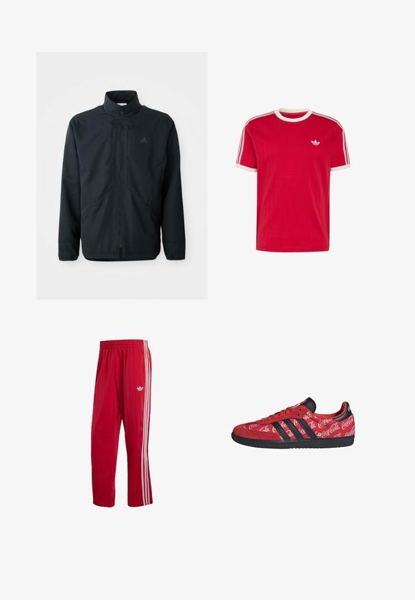 Schwarze, leichte Jacke mit hohem Kragen, Reißverschluss und feinem Strukturmuster. Verfügt über verstellbare Kordelzüge und Seitentaschen.; Rotes Adidas T-Shirt mit kurzen Ärmeln, weißem Rundhals und Ärmelsäumen, weißen drei Streifen auf den Schultern, kleinem Trefoil-Logo auf der linken Brust.; Rote Adidas Trainingshose mit elastischem Bund, weißen Seitenstreifen und Trefoil-Logo am rechten Oberschenkel vor weißem Hintergrund.; Roter Adidas Sneaker mit schwarzen Streifen und Sohle, mit weißen Coca-Cola-Logos auf dem gesamten Stoffoberteil.