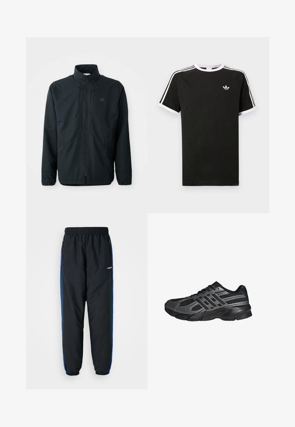 Sort, letvægtsjakke med høj hals, lynlås foran og subtilt struktureret mønster. Har justerbare snore og sidelommer.; Sort t-shirt lavet af bomuld med hvide accenter. Har korte ærmer, raglan-design og et lille logo på brystet. Tre hvide striber på skuldrene.; Sorte atletiske bukser med elastisk talje, blå sideløb, lynlåslommer og tætsiddende benafslutninger for en stram pasform. Lavet af let materiale.; Sorte træningssko lavet af mesh og syntetiske materialer, med en tekstureret overflade, flere grå striber og en polstret krave.