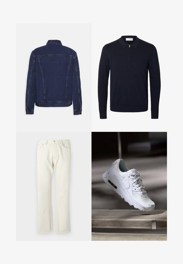 Veste en denim bleu foncé avec un col structuré, des coutures apparentes et des boutons décoratifs aux poignets et à l'ourlet. Texture lisse et coupe classique.; Pull bleu marine à manches longues avec col et fermeture éclair courte à l'avant, en tissu tricoté avec poignets et ourlet côtelés.; Jean droit en denim léger beige, fabriqué en coton. Comprend des poches, une fermeture à bouton classique, et une texture subtile sans motifs.; Sneaker Nike Air Max 90 blanche avec une tige en mesh et cuir, une boîte à orteils perforée et une unité air visible au talon.