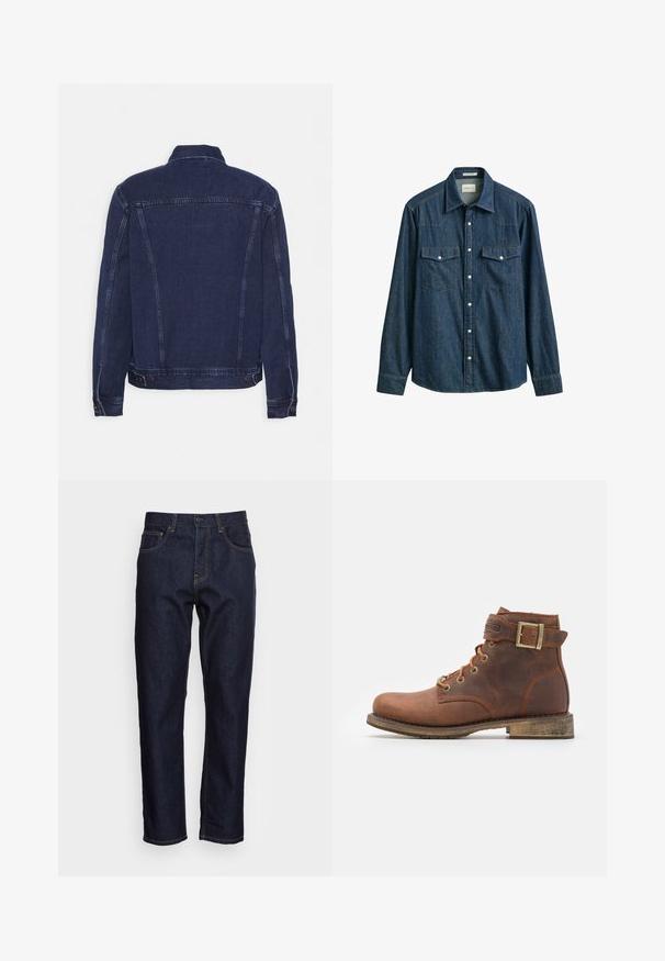 Veste en denim bleu foncé avec un col structuré, des coutures apparentes et des boutons décoratifs aux poignets et à l'ourlet. Texture lisse et coupe classique.; Chemise en denim bleu foncé à manches longues avec boutons-pression, deux poches poitrine avec rabats et col pointu.; Jeans en denim bleu foncé avec une coupe droite, cinq poches et des coutures jaunes contrastées. Conçus avec une fermeture classique à bouton et à glissière.; Harley Davidson VNTGMOTO SHORT RIDING APPROVED - Bottines de cowboy / motard - brown