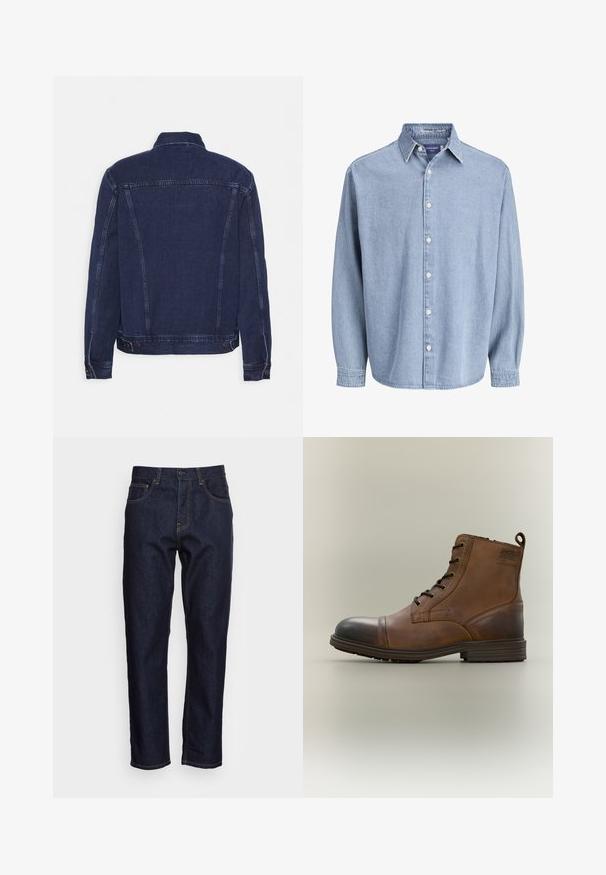 Donkerblauwe spijkerjasje met een gestructureerde kraag, zichtbare naden en knoopaccenten bij de manchetten en zoom. Gladde textuur en klassieke pasvorm.; Lichtblauwe denim lange mouw knoophemd met kraag en witte knopen, weergegeven tegen een effen witte achtergrond.; Donkerblauwe spijkerbroeken met een rechte snit, vijf zakken en contrasterende gele stiksels. Ontworpen met een klassieke knoop- en ritssluiting.; Bruine leren enkellaars met veters, zwarte neuskap, ronde zool en merkdetail aan de zijkant tegen een effen achtergrond.