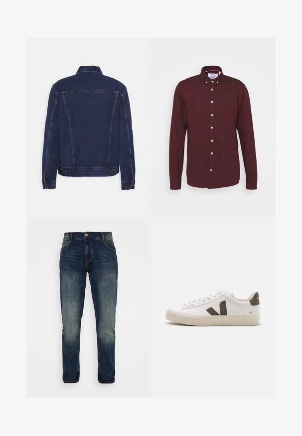 Veste en denim bleu foncé avec un col structuré, des coutures apparentes et des boutons décoratifs aux poignets et à l'ourlet. Texture lisse et coupe classique.; Chemise bordeaux à manches longues avec col boutonné, dotée de boutons en bois et d'une texture lisse. Pas de motifs ou d'accents visibles.; Jeans bleu foncé avec un aspect délavé. Fabriqués en tissu denim, avec fermeture à bouton, passants de ceinture et design à cinq poches.; Baskets en cuir blanc avec une semelle en caoutchouc beige clair. Présentent un logo en V en daim marron et une languette de talon. Fermeture à lacets avec une surface texturée.