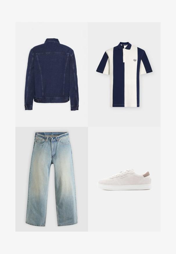 Veste en denim bleu foncé avec un col structuré, des coutures apparentes et des boutons décoratifs aux poignets et à l'ourlet. Texture lisse et coupe classique.; Polo à rayures verticales bleu marine et blanc, manches courtes, col, patte de boutonnage à deux boutons, avec logo couronne de laurier brodé sur la poitrine.; Jean denim bleu clair à jambes larges avec une finition délavée. Comprend un design standard à cinq poches et une fermeture à bouton métallique.; Baskets en daim rose clair avec une semelle en caoutchouc blanche, présentant un design cousu et un petit détail de logo sur le côté et le talon arrière.