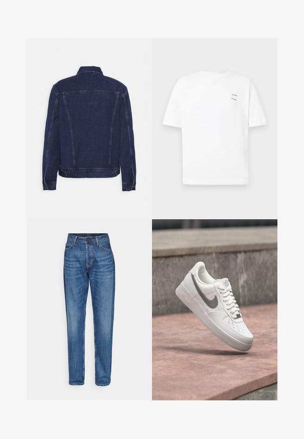 Donkerblauwe spijkerjasje met een gestructureerde kraag, zichtbare naden en knoopaccenten bij de manchetten en zoom. Gladde textuur en klassieke pasvorm.; Witte katoenen t-shirt met een relaxed fit, korte mouwen en een V-hals. Bevat twee kleine zwarte bedrukte logo's aan de linkerkant.; Blauwe denim jeans met een rechte pijp, hoge taille, voorzakken en een enkele knoopsluiting. Gemiddeld gewassen met lichte vervaging.; Witte Nike Air Force 1 sneaker met grijs swoosh-logo zwevend boven een stenen oppervlak en een grijze stenen muur op de achtergrond.