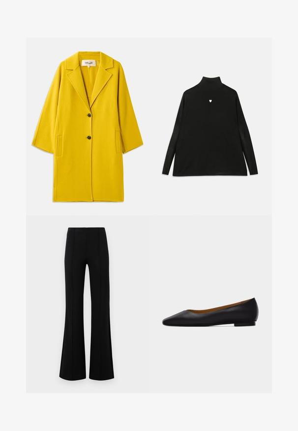 Diane von Furstenberg DIANE COAT - Klassisk frakke - yellow; Sort turtleneck sweater med lange ærmer, prydet med et lille hvidt hjerteemblem på brystet. Blødt stof og afslappet pasform.; Sorte højtaljede flared bukser lavet af strækbart stof. Har vertikale sømdetaljer foran og en glat tekstur.; Sort læder flad sko med spids tå, lav hæl og glat finish, vist fra siden på en lysegrå baggrund.