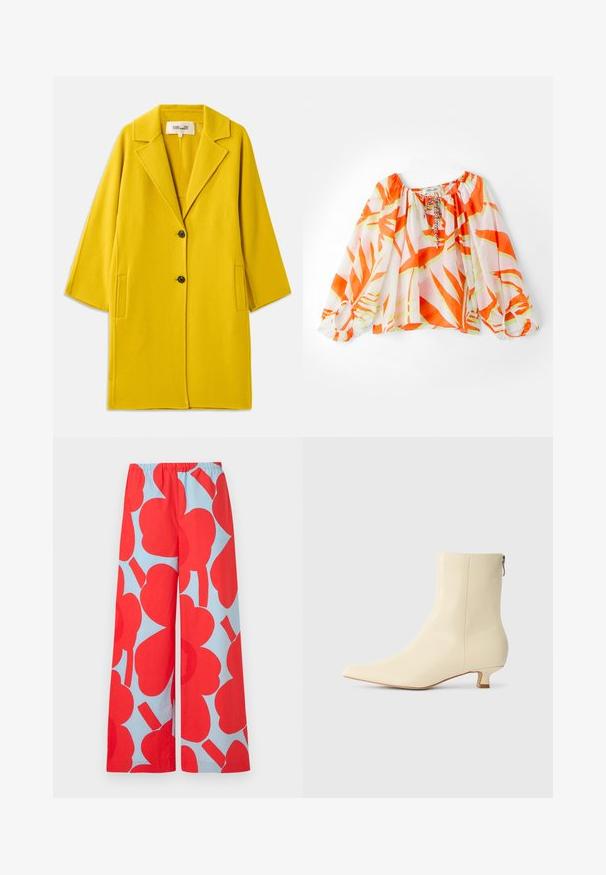 Diane von Furstenberg DIANE COAT - Klassisk frakke - yellow; Let og skulderbluse med orange og grøn tropisk bladmønster, elastiske manchetter og snøre til halsen. Blød stofstruktur.; Bukser med vide ben og store røde æblefigurer på en lyseblå baggrund, med elastik i taljen.; Beige ankelstøvle i glat læder, spidst tåparti, kort blokhæl og en sidelukning med lynlås for nem påtagning.
