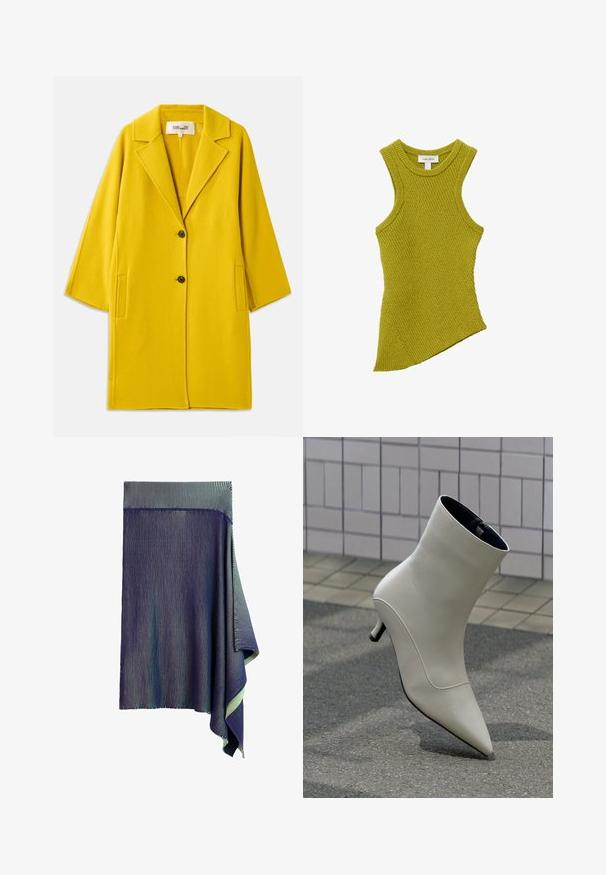 Diane von Furstenberg DIANE COAT - Klassisk frakke - yellow; Ærmeløs ribstrikket top i limegrøn med asymmetrisk kant og rund halsudskæring.; Mørkeblå strikket nederdel med meget fine hvide lodrette striber og en asymmetrisk draperet kant på den ene side.; Off-white læderankelsko med spids tå og lille stilet hæl, hvilende på udendørs fortov mod flisevæg.