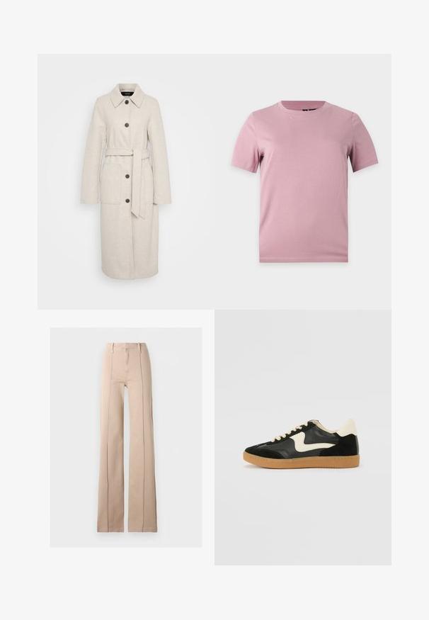 Lang beige uldfrakke med sorte knapper, bred krave, to frontlommer og et matchende bælte knyttet om taljen.; Enkelt kortærmet blød lyserød bomulds-t-shirt med rund hals, vist på en flad lysgrå baggrund.; Beige viddebukser med højtaljet snit, forsynede med fremadrettede syninger, bæltestropper og lynlås foran på en ensfarvet baggrund.; Sorte ruskinds- og lædersneakers med en cremefarvet side-swoosh og lys cremefarvet hæl. Har beige snørebånd og en gummirubber-sål.