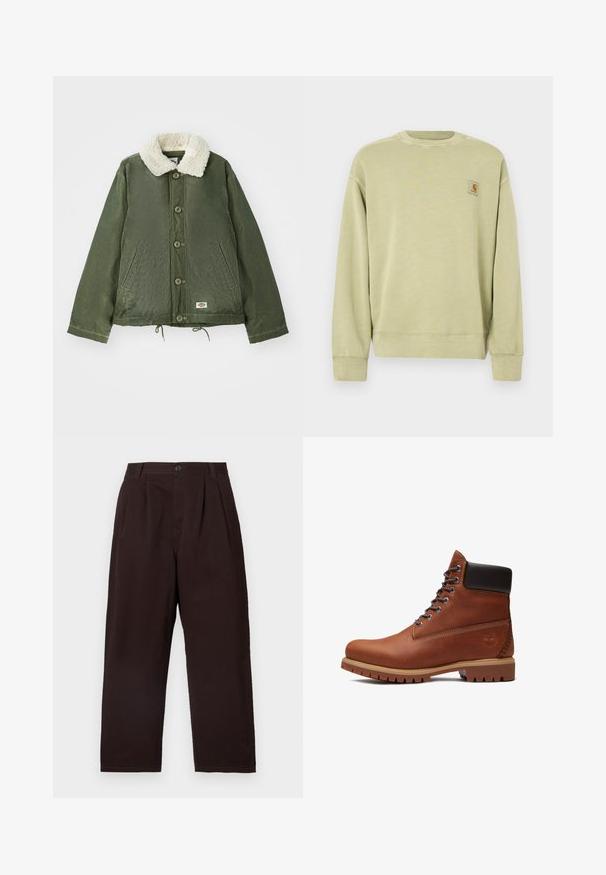 Olivengrøn jakke med en blød, cremfaux shearling krave, frontlukning med knapper og to sidelommer. Justerbar snøre i kanten.; Lysegrøn sweatshirt med klassisk rund halsudskæring, ribstrikkede manchetter og en lille rektangulær logopatch på venstre bryst. Blødt, tekstureret stof.; Mørkebrune plisserede bukser med knaplukning, lavet af blød bomuld. Har lige ben og en subtil tekstur.; Brun læderstøvle med snørebånd, sort polstret krave, tyk tan sål og præget trælogo på hælsiden.