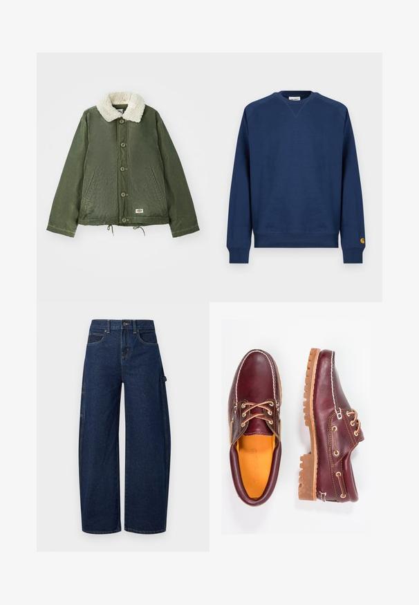 Olivengrøn jakke med en blød, cremfaux shearling krave, frontlukning med knapper og to sidelommer. Justerbar snøre i kanten.; Mørkeblå sweatshirt med rund hals, ribstrikkede manchetter og kant. Har et lille logopatch på venstre ærme. Fremstillet af blødt stof.; Mørkeblå denim bukser med vide ben og høj talje, forlommer samt sidelomme med cargo-stil. Har kontrastsyninger og lukning med knap.; Bordeaux lædersko med brune gummisåler, rund tå, hvid syning og gyldne snøringer. Indersiden har et gult for.