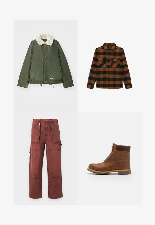 Ελαιοπράσινο μπουφάν με μαλακό, κρεμ faux shearling γιακά, μπροστινό κλείσιμο με κουμπιά και δύο πλαϊνές τσέπες. Ρυθμιζόμενο κορδόνι στο τελείωμα.; Πουκάμισο μακρυμάνικο σε πορτοκαλί και μαύρο καρό σχέδιο, κατασκευασμένο από υφή υφάσματος. Διαθέτει δύο τσέπες στο στήθος και κουμπωτό μπροστινό μέρος.; Παντελόνι cargo σε σκουριά κόκκινο με ίσια γραμμή, μεγάλες μπροστινές τσέπες, ραφές στα γόνατα, θηλιές για ζώνη, μεταλλικό κρίκο κλειδιών και κούμπωμα με κουμπί.; Καφέ δερμάτινο μποτάκι πεζοπορίας με λείο φινίρισμα, επενδεδυμένο αστράγαλο, μεταλλικές θηλιές και ελαστική σόλα που διαθέτει ρουστίκ μοτίβο.
