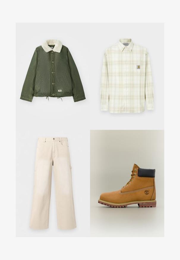 Olivengrøn jakke med en blød, cremfaux shearling krave, frontlukning med knapper og to sidelommer. Justerbar snøre i kanten.; Lysfarvet ternet skjorte med lange ærmer, knaplukning foran og en brystlomme med et logo-patch. Fremstillet i bomulds materiale med en blød tekstur.; Beige bukser med brede ben, forlommer, knaplukning og bæltestropper, vist mod en ensfarvet hvid baggrund.; Brun læderankelstøvle med sort krave, gule snørebånd og tanfarvet sål. Har logo og hvide syninger som detalje. Robust ydersål med greb.
