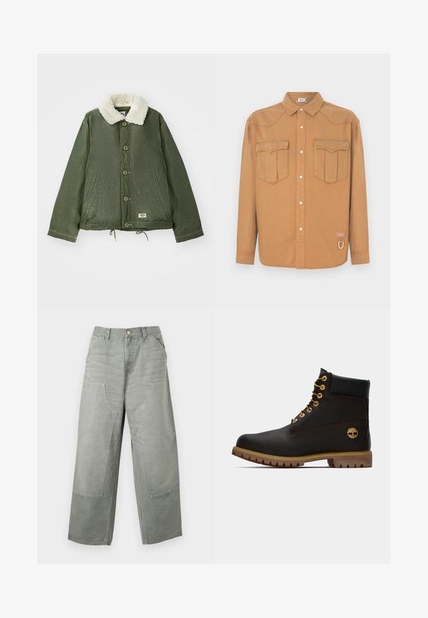 Ελαιοπράσινο μπουφάν με μαλακό, κρεμ faux shearling γιακά, μπροστινό κλείσιμο με κουμπιά και δύο πλαϊνές τσέπες. Ρυθμιζόμενο κορδόνι στο τελείωμα.; Καφέ πουκάμισο από τζιν ύφασμα με δύο τσέπες στο στήθος, μυτερό γιακά, κουμπιά στο μπροστινό μέρος και αντίθετη ραφή. Διαθέτει ένα λογότυπο και λεπτομέρεια με θηλιά.; Χαλαρή, ψηλόμεση γκρι παντελόνα με φαρδιά πόδια, μεγάλες μπροστινές τσέπες με πατς, θηλιές για ζώνη και κλείσιμο με κουμπί.; Μαύρη δερμάτινη αστράγαλοι μποτάκι με χρυσά μάτια, καφέ λεπτομέρειες και ελαστική σόλα. Διαθέτει επενδεδυμένο κολάρο και ανάγλυφο λογότυπο στη πλευρά.