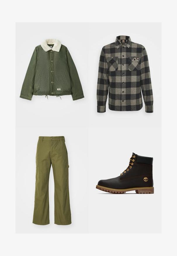 Veste vert olive avec un col en fausse fourrure crème douce, fermeture à boutons à l'avant et deux poches latérales. Cordons de serrage réglables à l'ourlet.; Chemise en flanelle à carreaux noirs et gris, à manches longues, à boutonnière à l'avant, avec deux poches sur la poitrine et un ourlet légèrement arrondi. Tissu texturé.; Pantalons larges vert olive en tissu durable, dotés d'une fermeture à bouton, de poches latérales et d'un design à ourlet droit.; Bottine noire en cuir avec œillets dorés, accents marron et semelle en caoutchouc. Comprend un col rembourré et un logo estampé sur le côté.