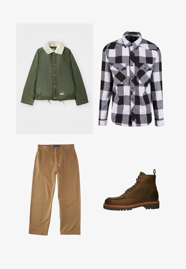 Olivengrøn jakke med en blød, cremfaux shearling krave, frontlukning med knapper og to sidelommer. Justerbar snøre i kanten.; Sorte og hvide ternede flannel skjorte, langærmet, med to brystlommer, knaplukning foran og kontrastsyninger.; Beige bomulds chinos med lige ben-design, der har to frontlommer, en baglomme og en knaplukning. Glat tekstur.; Brune læder ankelstøvler med rundt tå, metal øjer og en robust gummisål. Indeholder en trækflap for nem påtagning.
