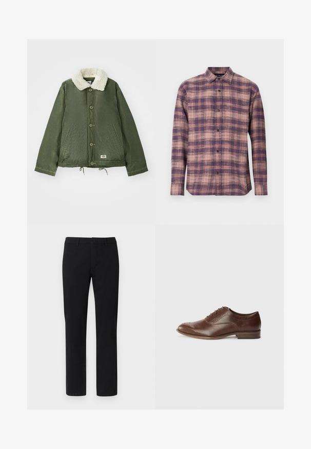 Olivengrøn jakke med en blød, cremfaux shearling krave, frontlukning med knapper og to sidelommer. Justerbar snøre i kanten.; Langærmet ternet skjorte i lilla og pink nuancer, med en knap-til-krave og sorte knapper, lavet af blødt stof med en glat tekstur.; Sorte chinos med lige ben, lavet af en glat bomuldsblanding, med bæltestropper og frontknaplukning.; Brun læder oxford sko med rund tå, dekorative perforeringer og en lav hæl. Designet har en glat tekstur og diskret syning.