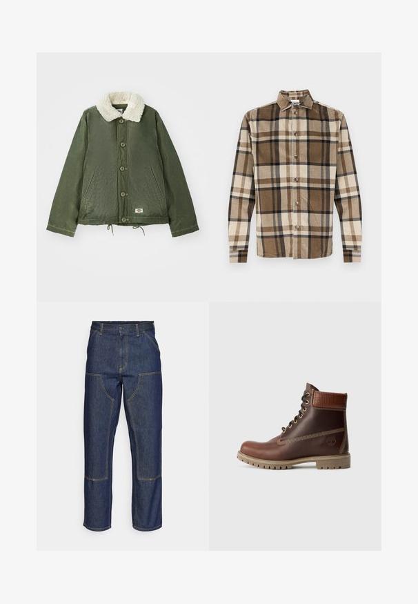 Olivengrøn jakke med en blød, cremfaux shearling krave, frontlukning med knapper og to sidelommer. Justerbar snøre i kanten.; Brun og beige fløjlsstribet skjorte med ternet mønster, med knapper foran og krave, lange ærmer og metalliske knapper.; Mørkeblå denim jeans med høj talje, lige ben-design, kontrastsyninger og lappelommer foran.; Brun læder snørebånd ankelstøvle med polstret krave, kontrastsyning og robust sål, vist fra ydersiden på en hvid baggrund.
