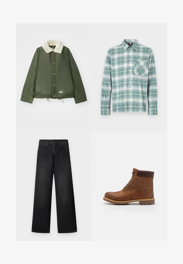 Veste vert olive avec un col en fausse fourrure crème douce, fermeture à boutons à l'avant et deux poches latérales. Cordons de serrage réglables à l'ourlet.; Chemise à carreaux vert et blanc, en flanelle. Dotée d'un col boutonné, de manches longues et d'une poche unique sur le côté gauche de la poitrine.; Jean large en denim noir avec taille haute, design à cinq poches et fermeture frontale par un seul bouton. Texture lisse avec un minimum de détails.; Botte de randonnée en cuir marron avec une finition lisse, cheville rembourrée, œillets en métal et semelle en caoutchouc dotée d'un motif de crampons robuste.