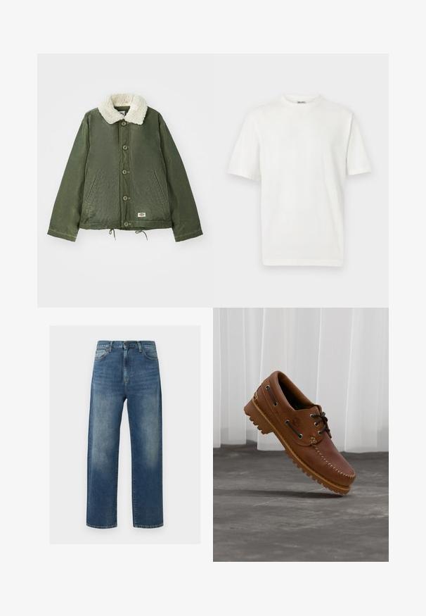 Olivengrøn jakke med en blød, cremfaux shearling krave, frontlukning med knapper og to sidelommer. Justerbar snøre i kanten.; Hvid, ensfarvet T-shirt med korte ærmer og rund hals med ribkant, vist på en lysegrå baggrund.; Blå straight-leg jeans med falmede områder på lårene, fem-lomme-stil og lukning med knap og lynlås.; Brun læder bådsko med sorte snørebånd, beige syninger og en robust sål, hængende over en grå betongulv.