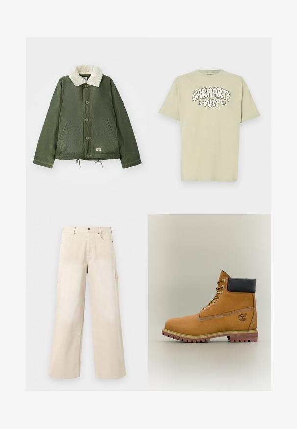Olivengrøn jakke med en blød, cremfaux shearling krave, frontlukning med knapper og to sidelommer. Justerbar snøre i kanten.; Lysegrøn bomuld T-shirt med oversized pasform, der har et sort, sky-lignende print med teksten "Carhartt WIP 1989" på forsiden. Korte ærmer, rund hals.; Beige bukser med brede ben, forlommer, knaplukning og bæltestropper, vist mod en ensfarvet hvid baggrund.; Brun læderankelstøvle med sort krave, gule snørebånd og tanfarvet sål. Har logo og hvide syninger som detalje. Robust ydersål med greb.