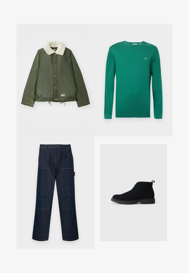 Olivengrøn jakke med en blød, cremfaux shearling krave, frontlukning med knapper og to sidelommer. Justerbar snøre i kanten.; Langærmet T-shirt i livligt grøn bomuld; har rund hals og lille broderet logo på brystet; glat tekstur, afslappet pasform.; Mørkeblå denim arbejdspants med lige ben, forstærkede knælapper, sidelommer, bæltestropper og lukning foran med knap.; Sorte ankelstøvler i ruskind har en rund tå, snørebånd foran og en lille træksløjfe bagpå. Solid sort gummisål.