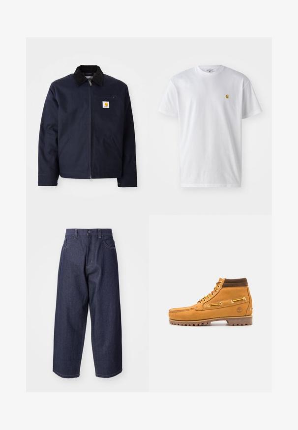 Chaqueta azul marino de lona con cuello de pana negro, cierre de cremallera, bolsillo frontal y parche del logo en el lado izquierdo del pecho.; Camiseta de algodón blanca con mangas cortas, cuello redondo, que presenta un pequeño logo dorado en la parte izquierda del pecho. Textura suave y corte regular.; Jeans de mezclilla azul oscuro con un diseño suelto y de pierna ancha. Las características incluyen un cierre de botón, bolsillos frontales y acentos de costura visibles.; Timberland AUTHENTIC MID LACE BOOT - Botines con cordones - wheat