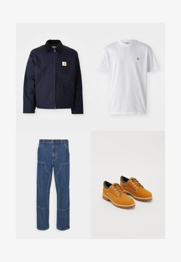 Chaqueta azul marino de lona con cuello de pana negro, cierre de cremallera, bolsillo frontal y parche del logo en el lado izquierdo del pecho.; Camiseta de algodón blanca con mangas cortas, cuello redondo, que presenta un pequeño logo dorado en la parte izquierda del pecho. Textura suave y corte regular.; Jeans de mezclilla azul con pierna recta, bolsillos frontales tipo parche y costuras en contraste. La tela tiene una textura y un acabado clásicos.; Zapatos de ante marrón con punta redonda, cordones amarillos, un collar acolchado negro y suelas de goma con surcos de tracción.