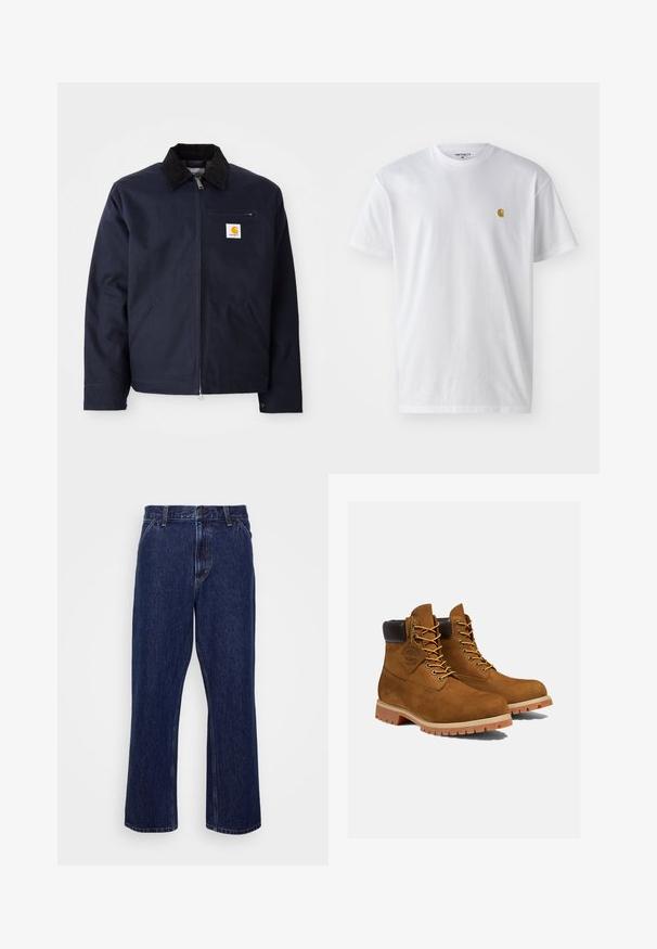 Marineblå jakke lavet af canvas med en sort velourkrave, lynlåslukning, frontlomme og logo-lap på venstre bryst.; Hvid bomulds t-shirt med korte ærmer, rund hals og et lille guld logo på venstre brystområde. Blød tekstur og almindelig pasform.; Mørkeblå denim jeans med lige ben-design, der har knaplukning, fem lomme-stil og diskrete syninger.; Brune ruskinds ankelstøvler med en polstret sort krave, gyldne snørehuller og en tyk gummisål med en mønster, der giver godt greb.